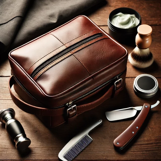 DALL·E 2025-01-28 15.58.54 - A high-quality image of a stylish leather toiletry bag for men. The bag is placed on a wooden surface, with travel essentials like a razor, shaving cr