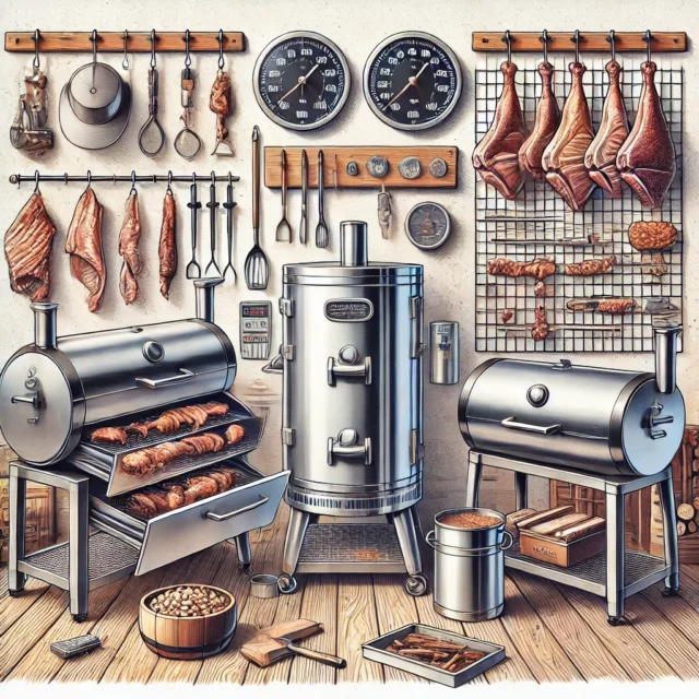 DALL·E 2025-02-12 15.53.48 - An informative illustration for an article about choosing a cold smoking smoker. The scene includes a variety of cold smoking smokers, both small and